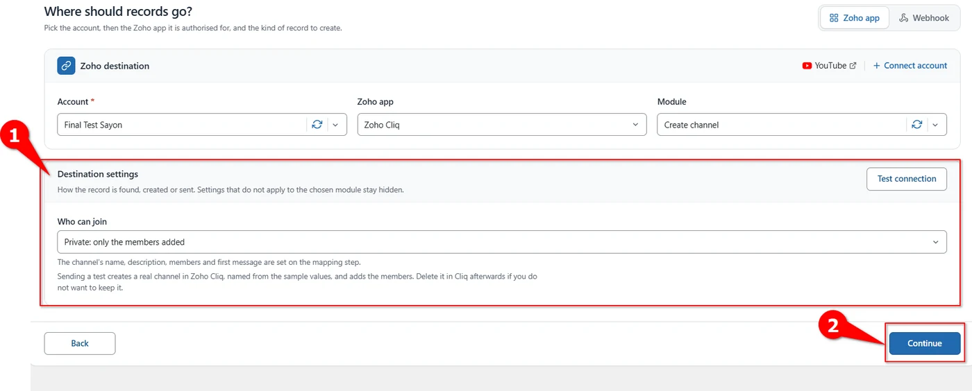 Destination settings for a Zoho Cliq channel with the Who can join option and Test connection