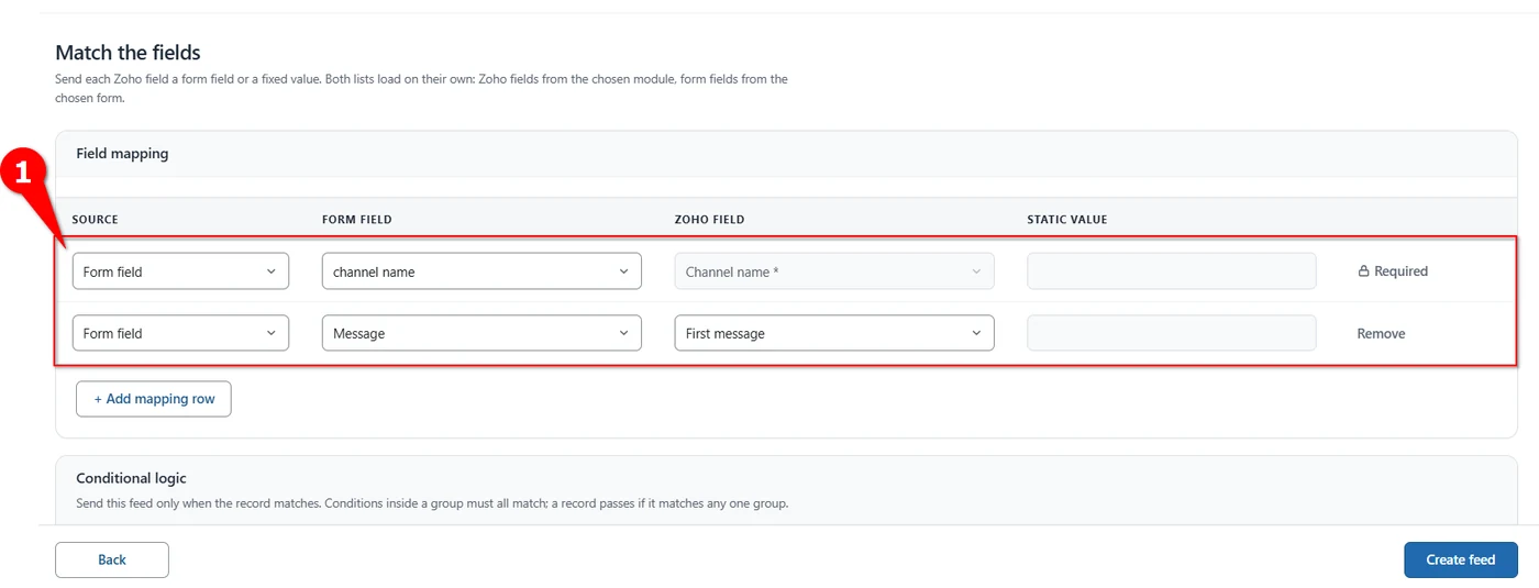 Required Channel name row and First message row mapped to WordPress form fields for Zoho Cliq