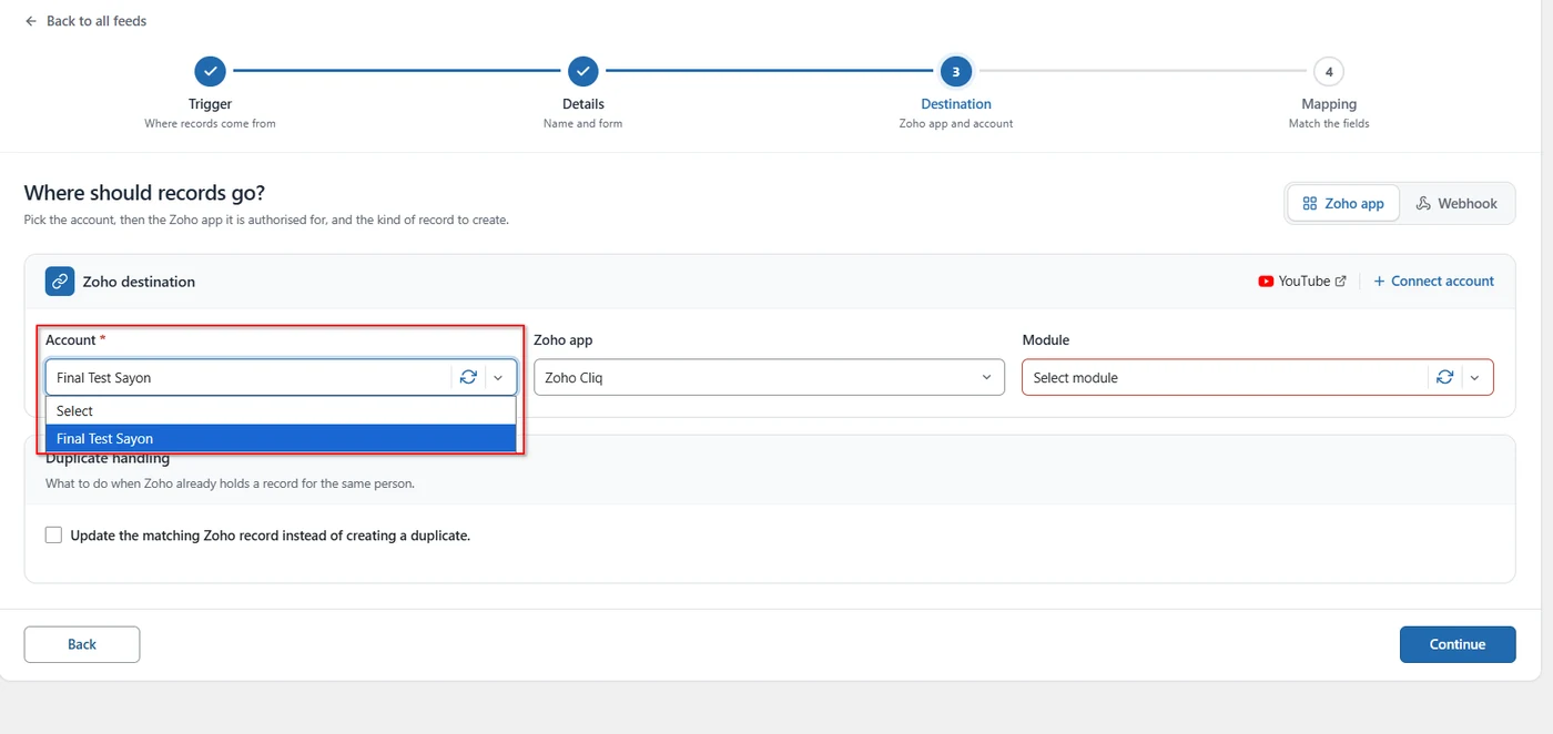 Account dropdown on the Destination step in FormBridge for Zoho
