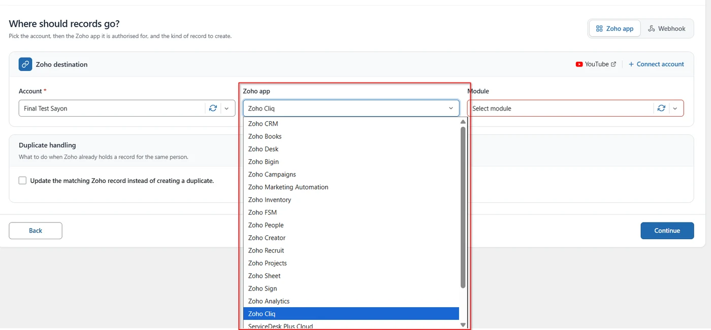 Zoho app dropdown with Zoho Cliq selected in FormBridge for Zoho