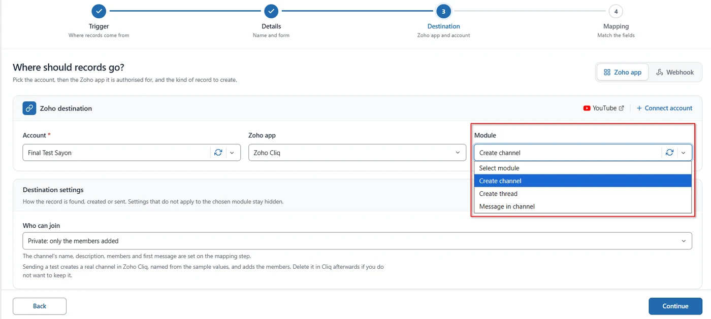 Module dropdown for Zoho Cliq showing Create channel, Create thread and Message in channel