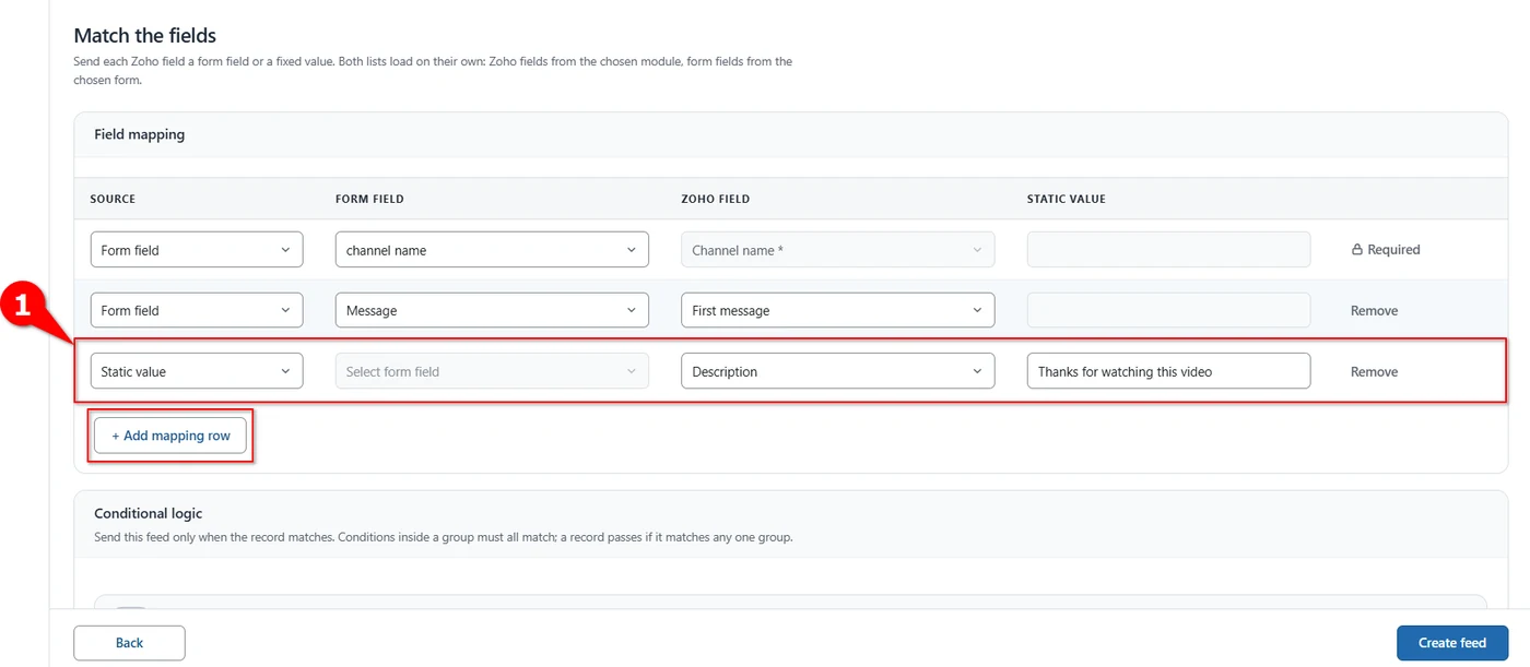 Static value row giving a Zoho Cliq channel a fixed description in FormBridge