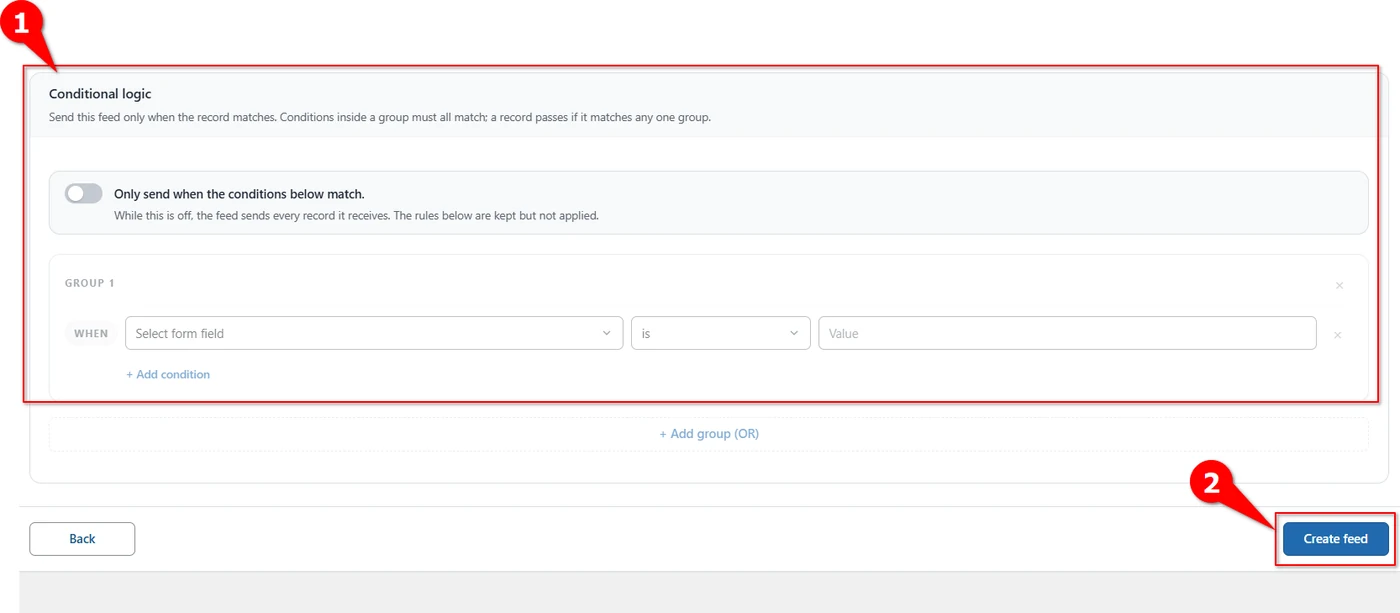 WordPress to Zoho Creator Integration 8 Conditional logic panel and Create feed button at the end of a Zoho Creator feed