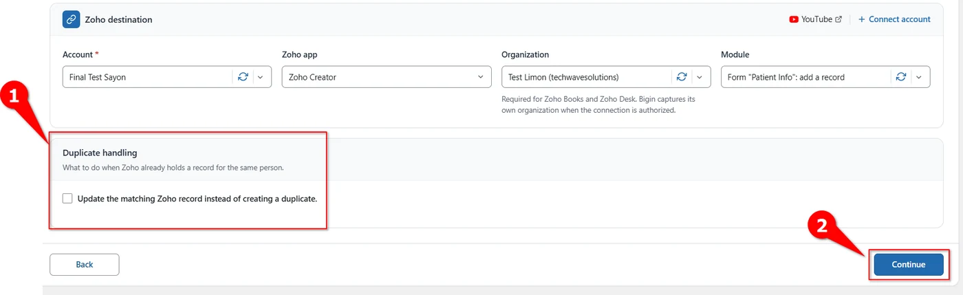 WordPress to Zoho Creator Integration 5 Duplicate handling checkbox and Continue button for a Zoho Creator feed