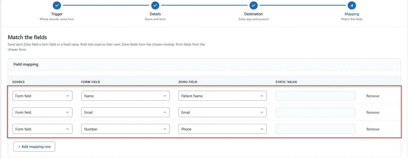 WordPress to Zoho Creator Integration 6 WordPress form fields mapped to Zoho Creator fields such as Patient Name, Email and Phone