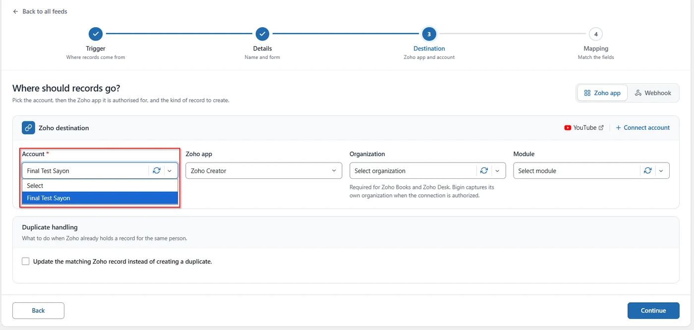 WordPress to Zoho Creator Integration 1 Account dropdown on the Destination step in FormBridge for Zoho