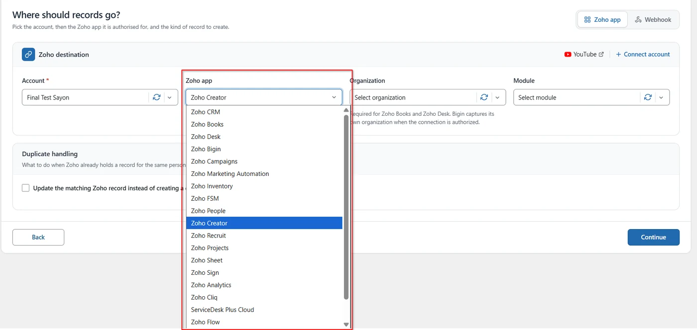WordPress to Zoho Creator Integration 2 Zoho app dropdown with Zoho Creator selected in FormBridge for Zoho