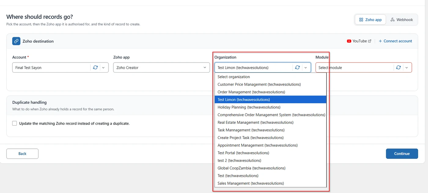 WordPress to Zoho Creator Integration 3 Organization dropdown listing Zoho Creator applications in FormBridge for Zoho