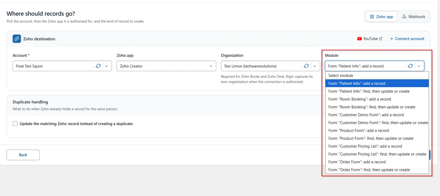 WordPress to Zoho Creator Integration 4 Module dropdown listing Zoho Creator forms with add a record and find, then update or create