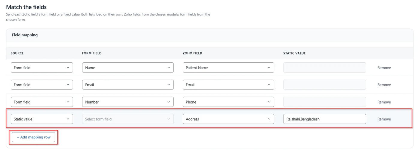 WordPress to Zoho Creator Integration 7 Mapping row set to Static value sending a fixed address to a Zoho Creator field