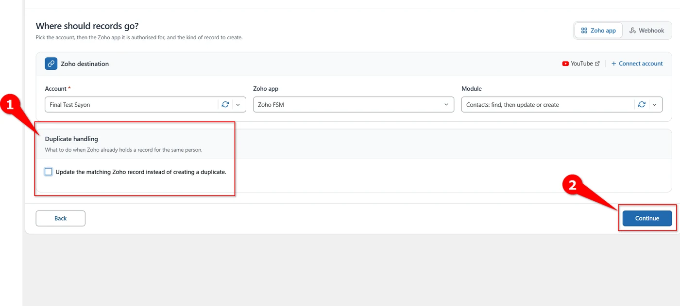 Duplicate handling checkbox and Continue button for a Zoho FSM feed