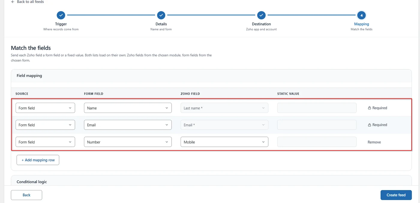 Field mapping rows sending form fields to required Zoho FSM Last name and Email fields