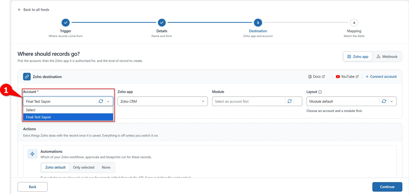 Account dropdown on the Destination step in FormBridge for Zoho
