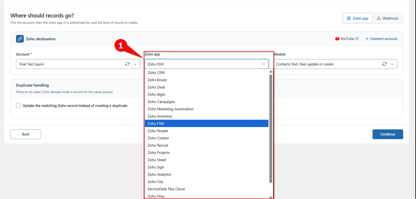 Zoho app dropdown with Zoho FSM selected in FormBridge for Zoho
