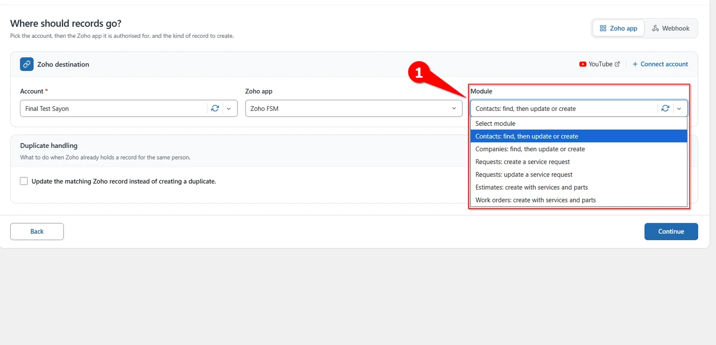 Module dropdown listing Zoho FSM contacts, companies, requests, estimates and work orders