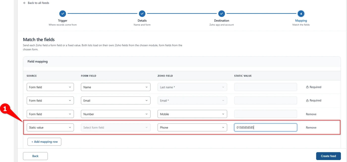 Mapping row set to Static value with a fixed phone number for a Zoho FSM field