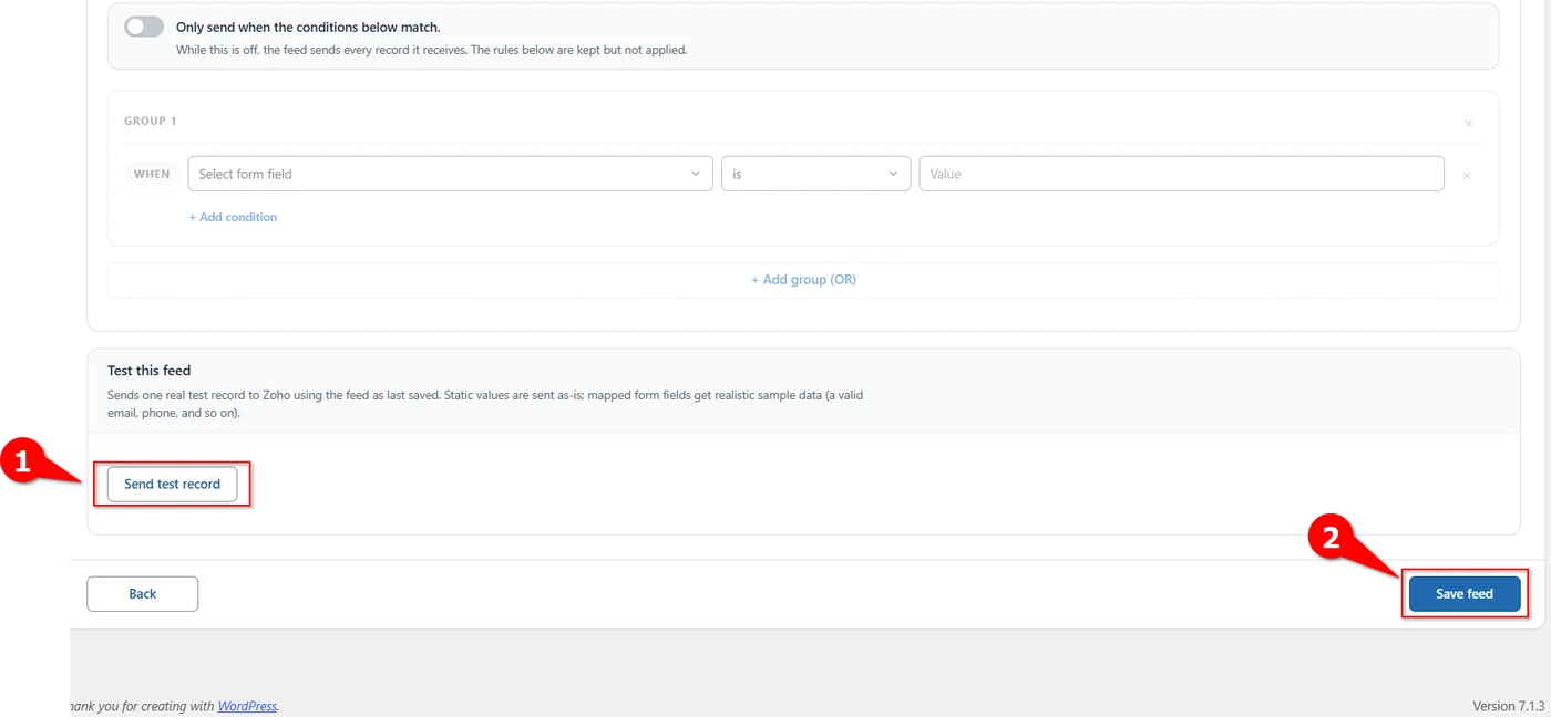 Send test record button and Save feed button at the end of a Zoho FSM feed