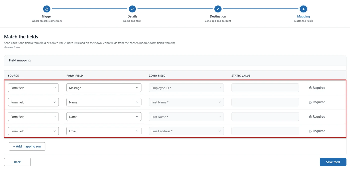 Required Zoho People fields Employee ID, First Name, Last Name and Email address mapped to form fields