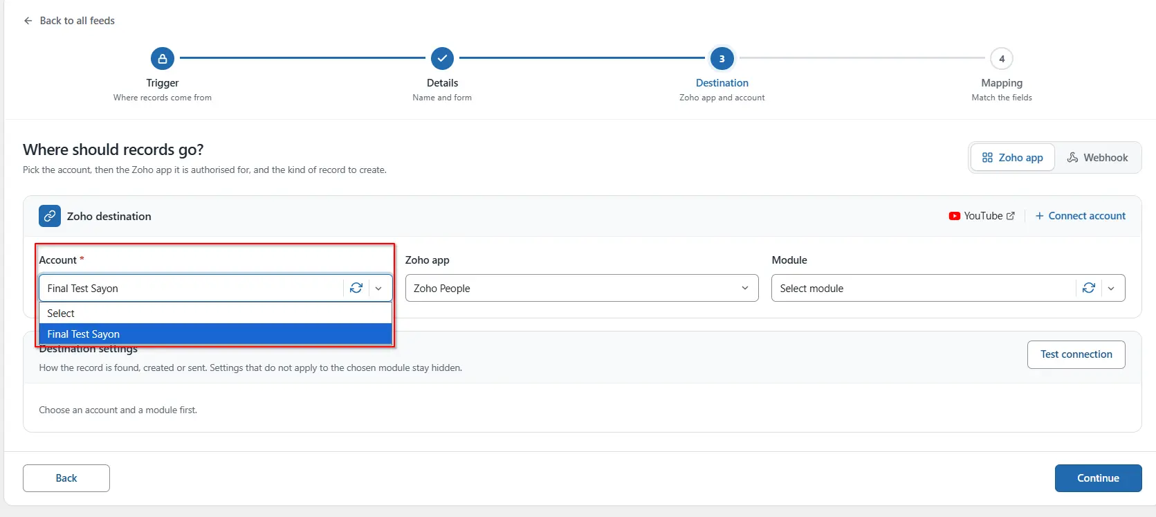 Account dropdown on the Destination step in FormBridge for Zoho