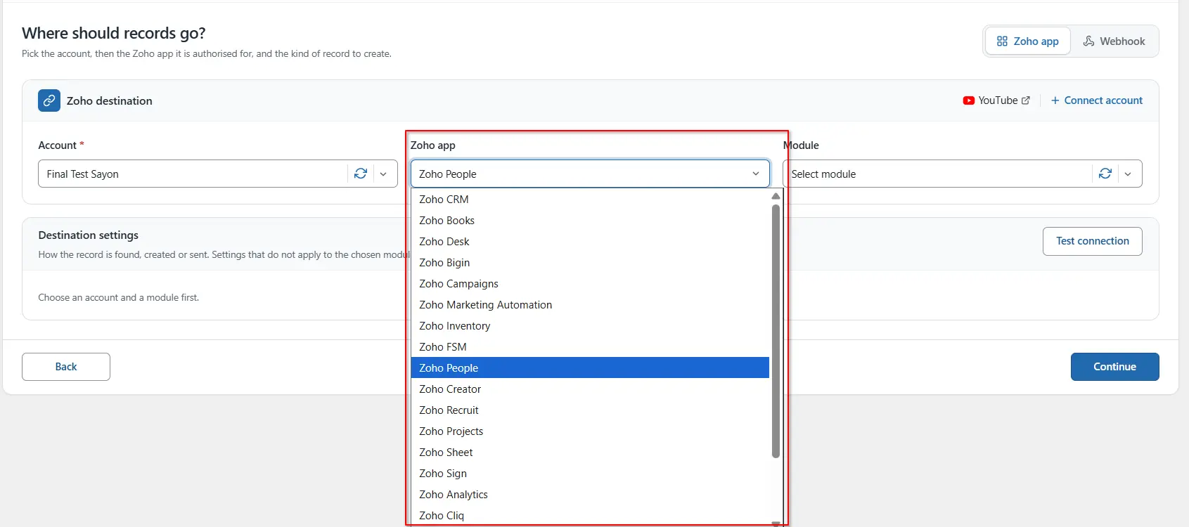 Zoho app dropdown with Zoho People selected in FormBridge for Zoho