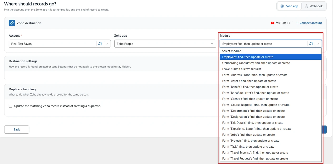 Module dropdown listing Zoho People employees, onboarding candidates, leave and custom forms