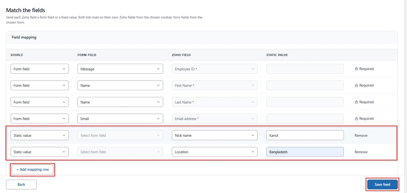 Mapping rows set to Static value sending a nickname and a location to Zoho People