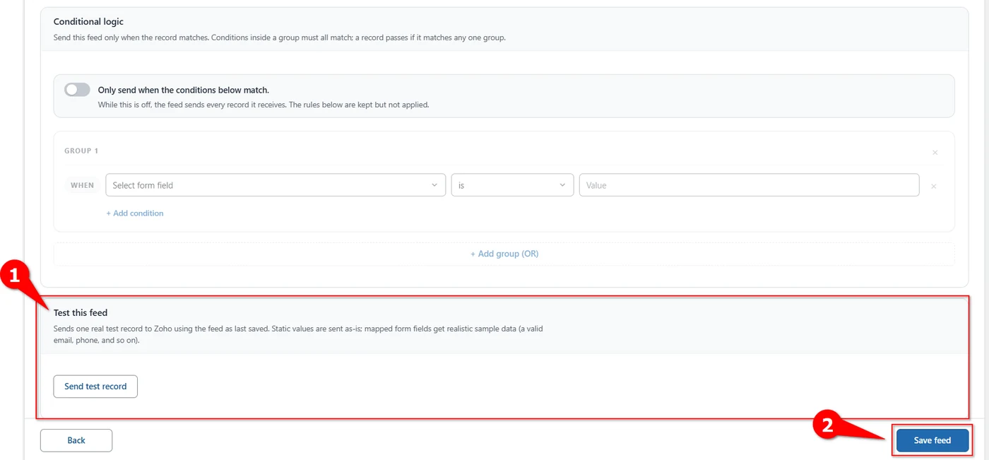 Send test record button and Save feed button at the end of a Zoho People feed