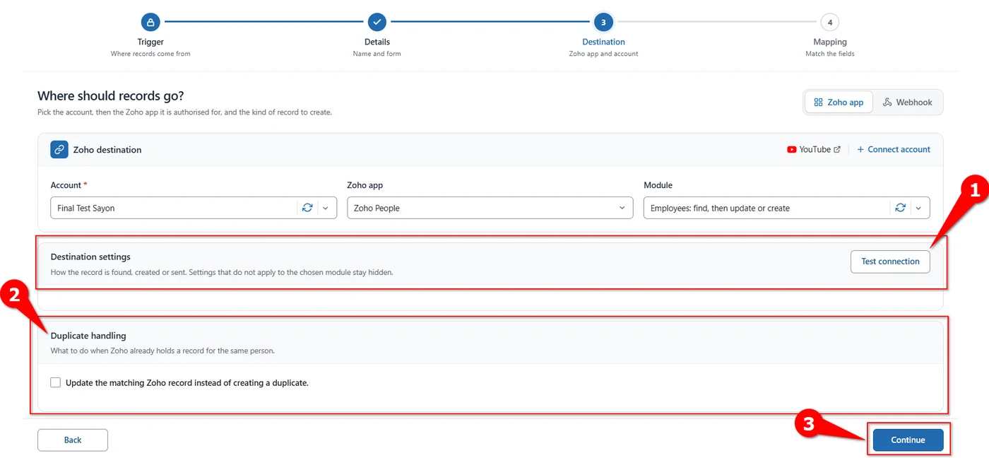 Test connection button, duplicate handling checkbox and Continue button for a Zoho People feed