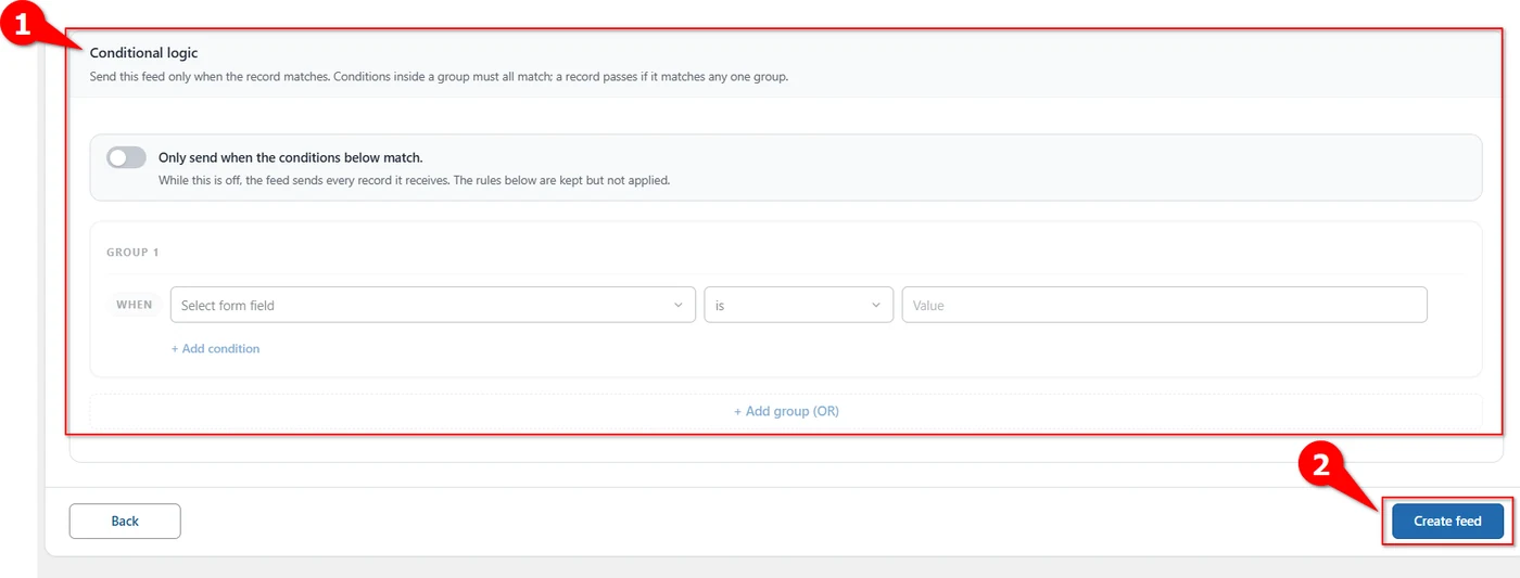 Conditional logic panel and Create feed button at the end of a Zoho Projects feed