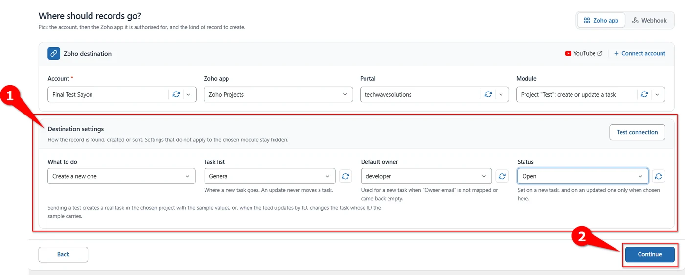 Destination settings for a Zoho Projects feed with What to do, Task list, Default owner and Status