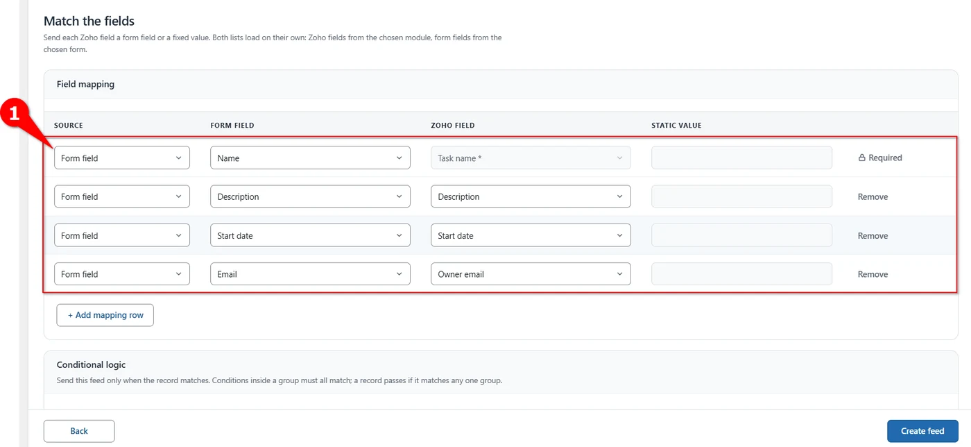 WordPress form fields mapped to Zoho Projects task fields such as Task name, Description and Start date
