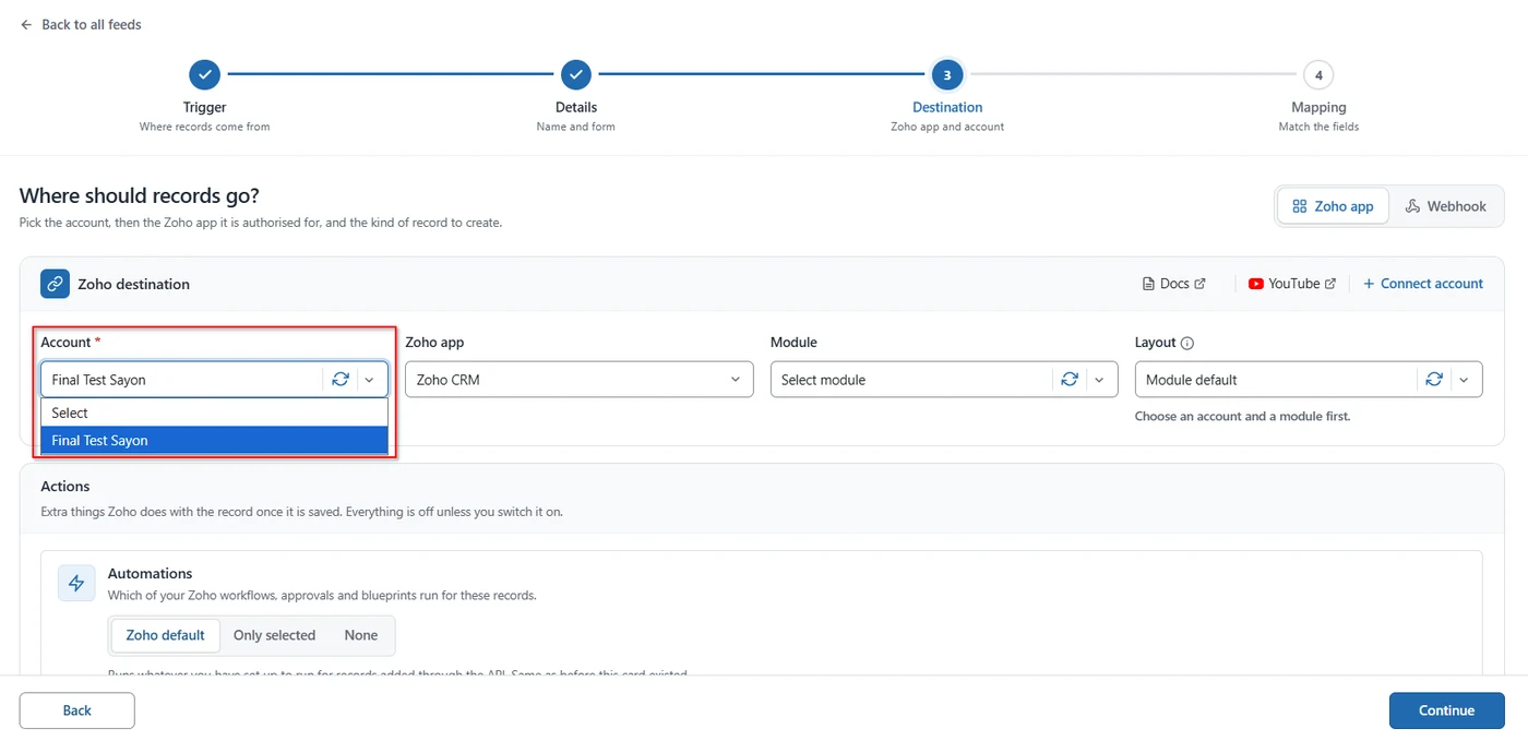 Account dropdown on the Destination step in FormBridge for Zoho