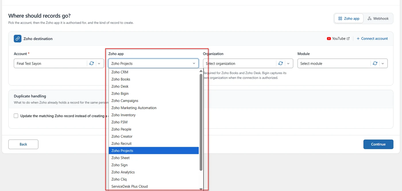 Zoho app dropdown with Zoho Projects selected in FormBridge for Zoho