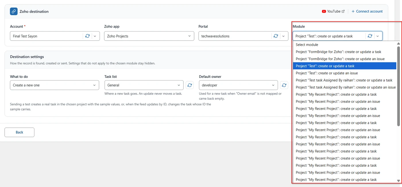 Module dropdown listing Zoho Projects projects with create or update a task and an issue