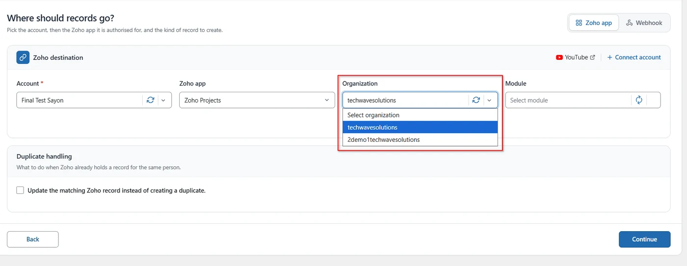 Organization dropdown listing Zoho Projects portals in FormBridge for Zoho