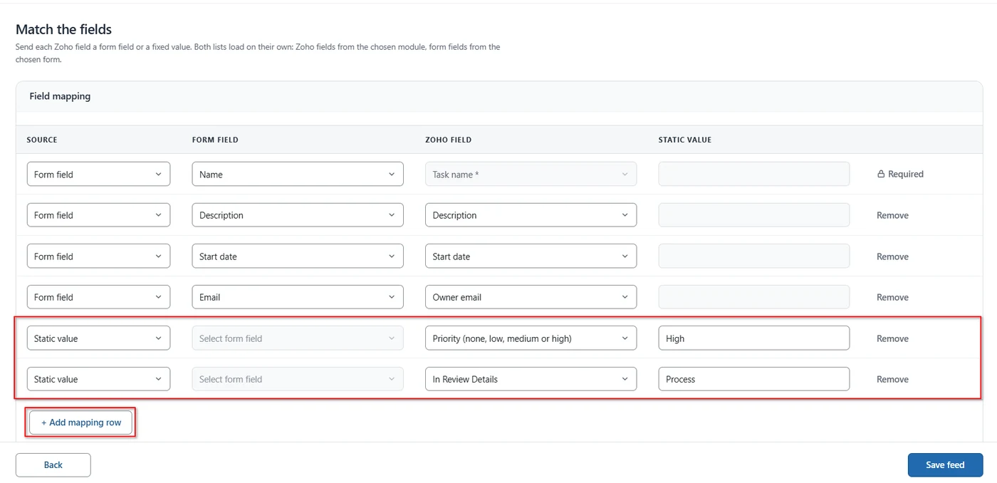 Mapping rows set to Static value sending a fixed priority to a Zoho Projects task