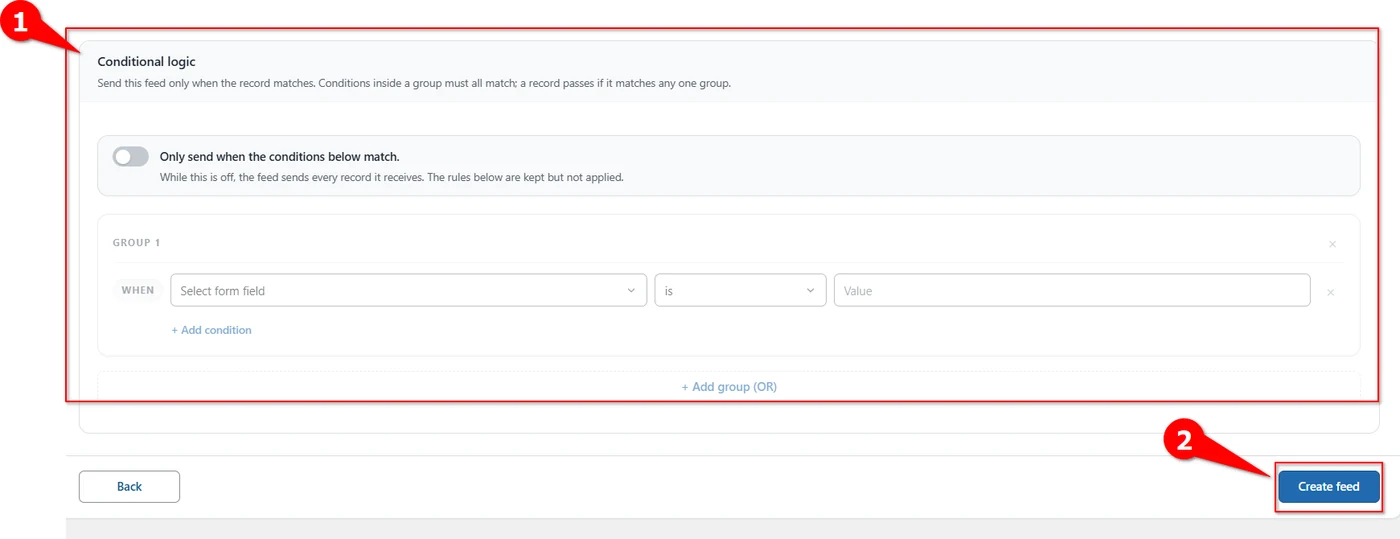 Conditional logic panel and Create feed button at the end of a Zoho Recruit feed