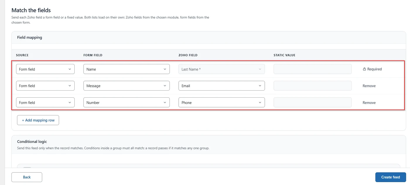 WordPress form fields mapped to Zoho Recruit fields with Last Name marked as required