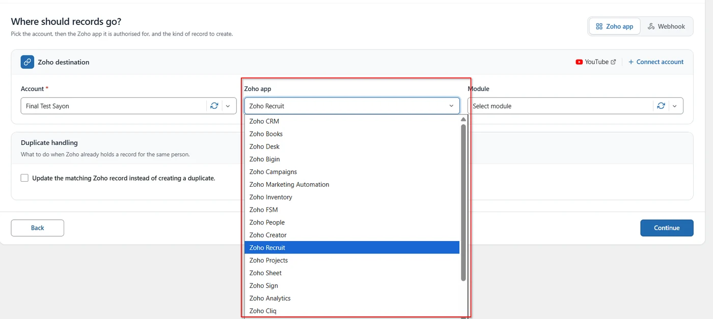 Zoho app dropdown with Zoho Recruit selected in FormBridge for Zoho