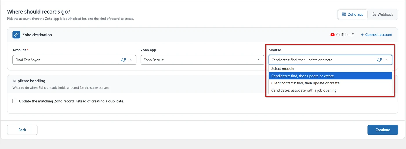 Module dropdown listing Zoho Recruit candidates, client contacts and job opening options