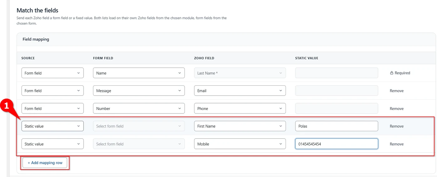 Mapping rows set to Static value sending a first name and mobile number to Zoho Recruit