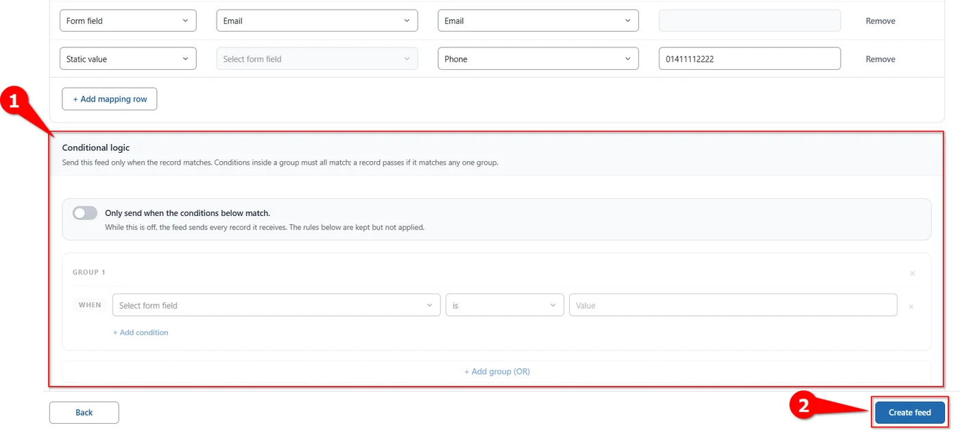 Conditional logic panel and Create feed button at the end of a Zoho SalesIQ feed