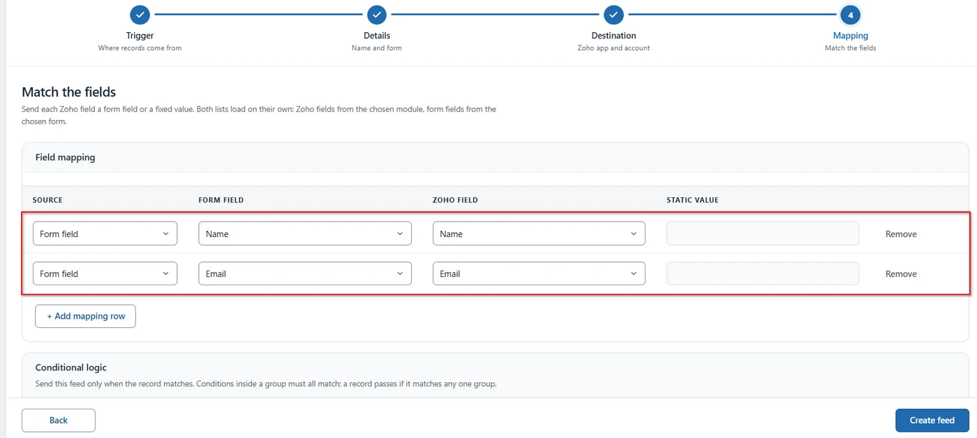 WordPress form name and email fields mapped to Zoho SalesIQ visitor fields