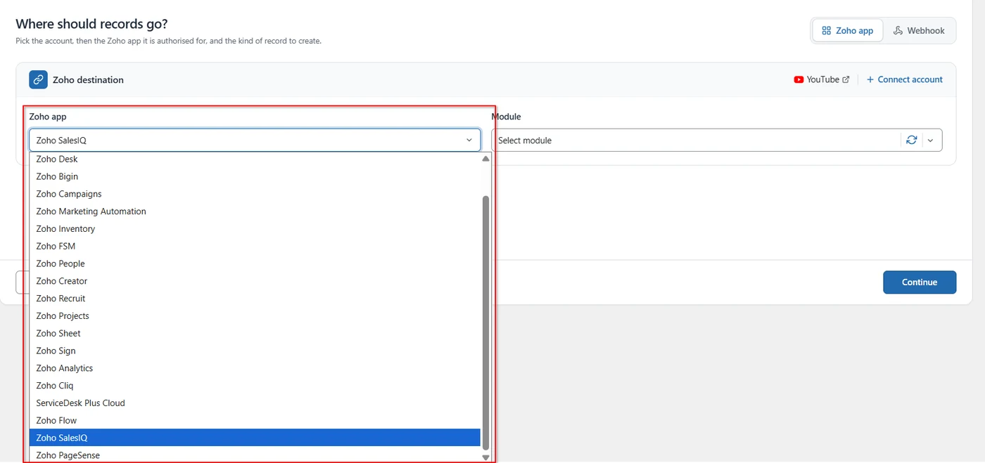 Zoho app dropdown with Zoho SalesIQ selected in FormBridge for Zoho