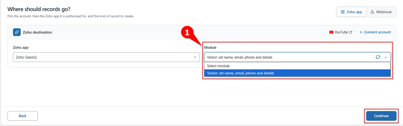 Module dropdown for Zoho SalesIQ showing the Visitor set name, email, phone and details option