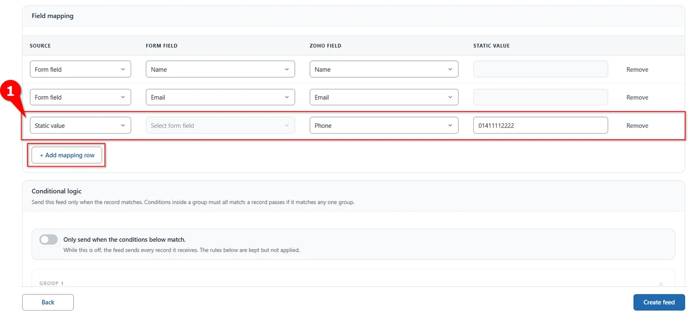 Static value row sending a fixed phone number to the Zoho SalesIQ visitor record