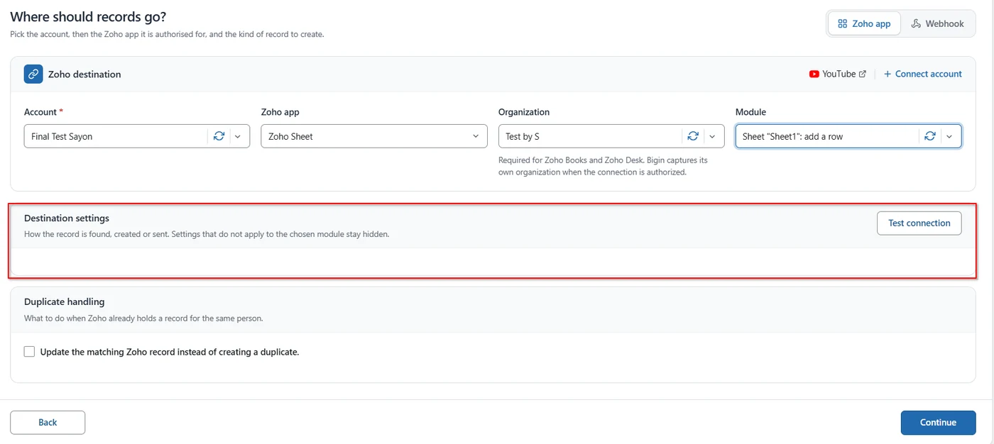 Destination settings panel with the Test connection button for a Zoho Sheet feed