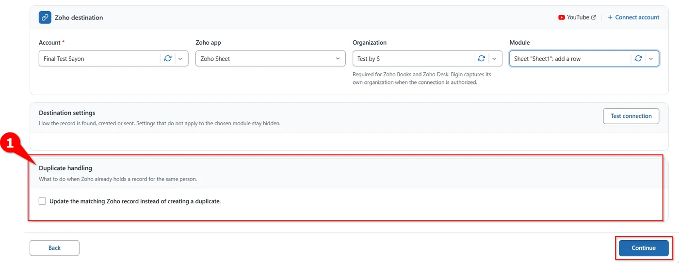 Duplicate handling checkbox and Continue button for a Zoho Sheet feed
