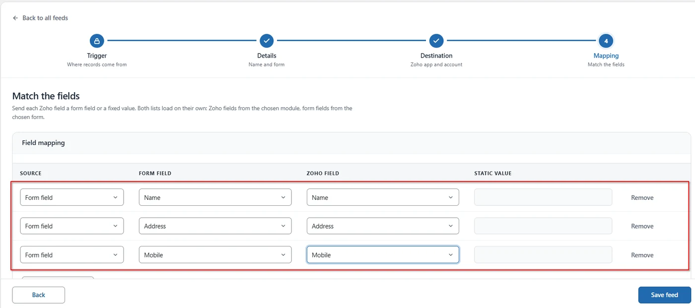 WordPress form fields mapped to Zoho Sheet columns such as Name, Address and Mobile