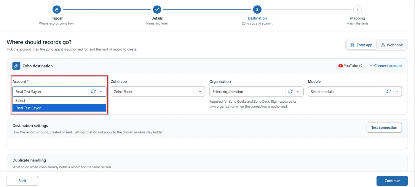 Account dropdown on the Destination step in FormBridge for Zoho